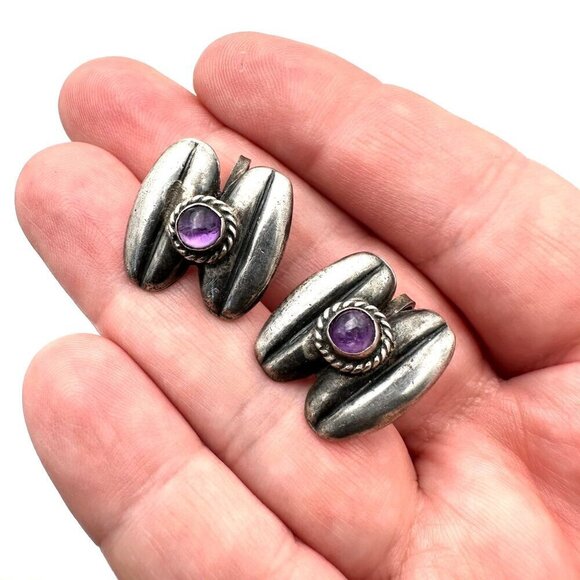 Mexico Womens Earrings Sterling Silver Amethyst Coffee Bean Design Screw Back - Picture 3 of 6
